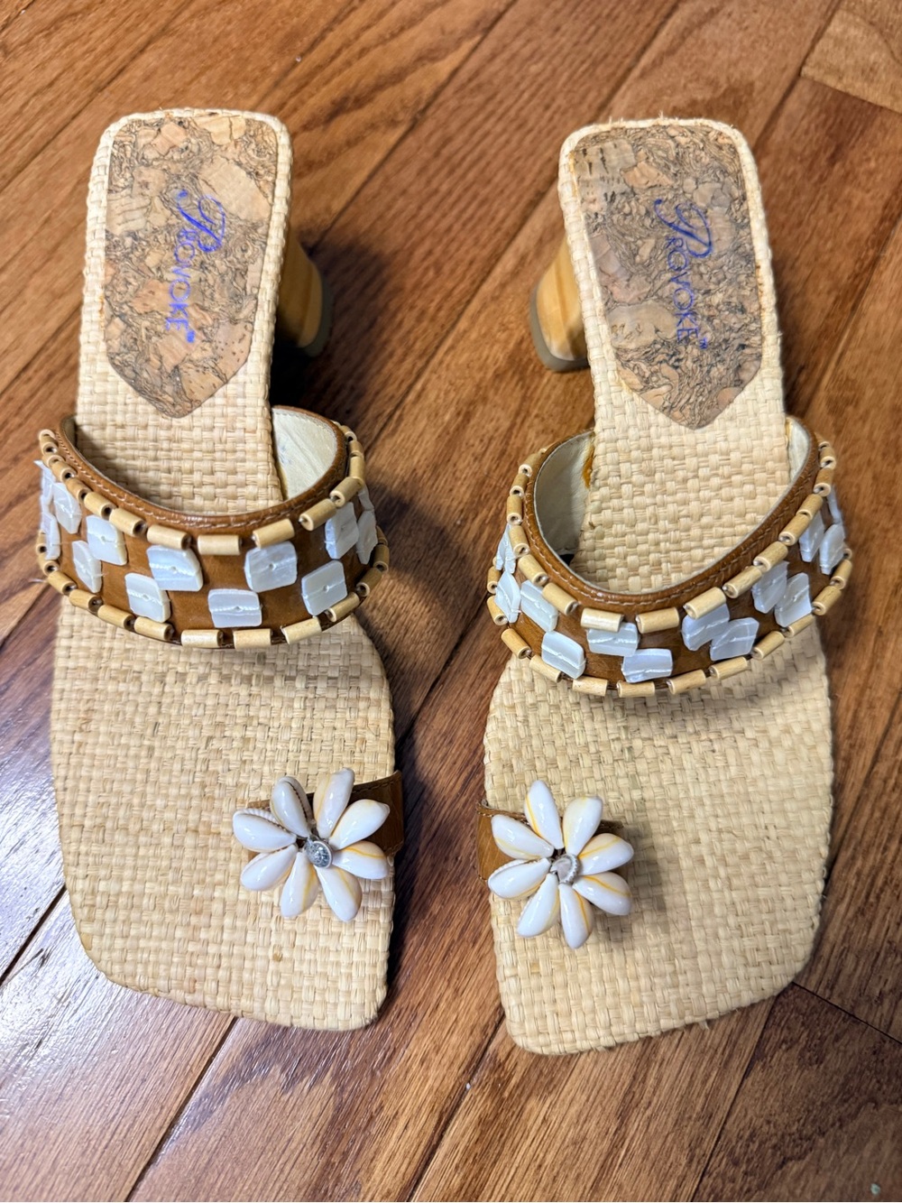 Woven Tan Raffia Slide Sandals with White Floral beaded sea shell Accent